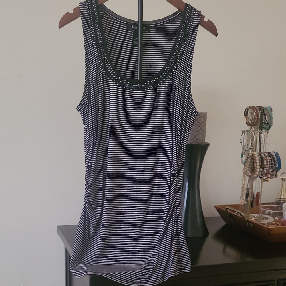 White House Black Market Striped Black/White Embellished Sleeveless Tank Top